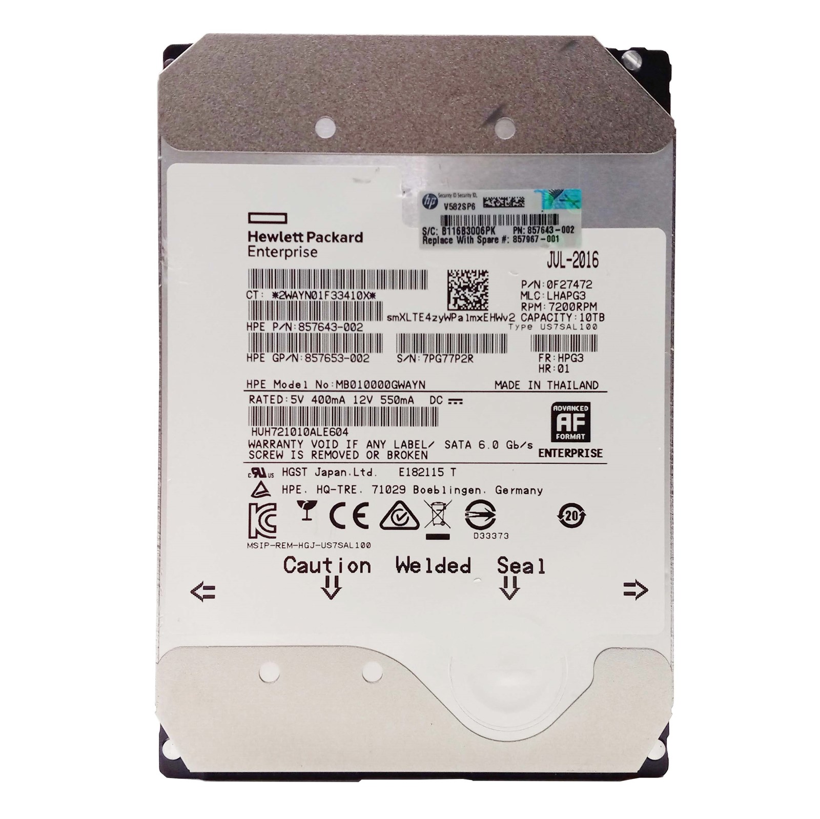 HPE MB010000GWAYN 857643-002 HUH721010ALE604 10TB 7.2K RPM SATA 6Gbps 3.5" HDD