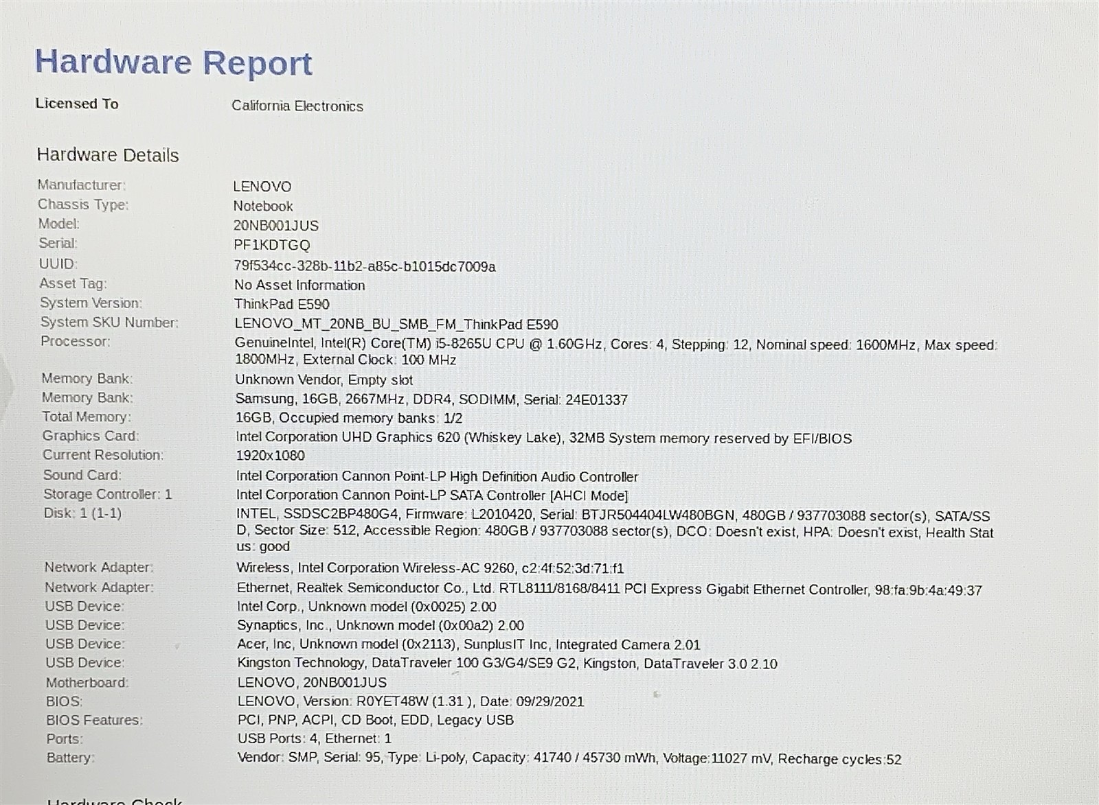 Lenovo ThinkPad E590 Laptop i5 8265U 1.60GHZ 15.6" FHD 16GB 480GB SSD Windows 11 - Image 2